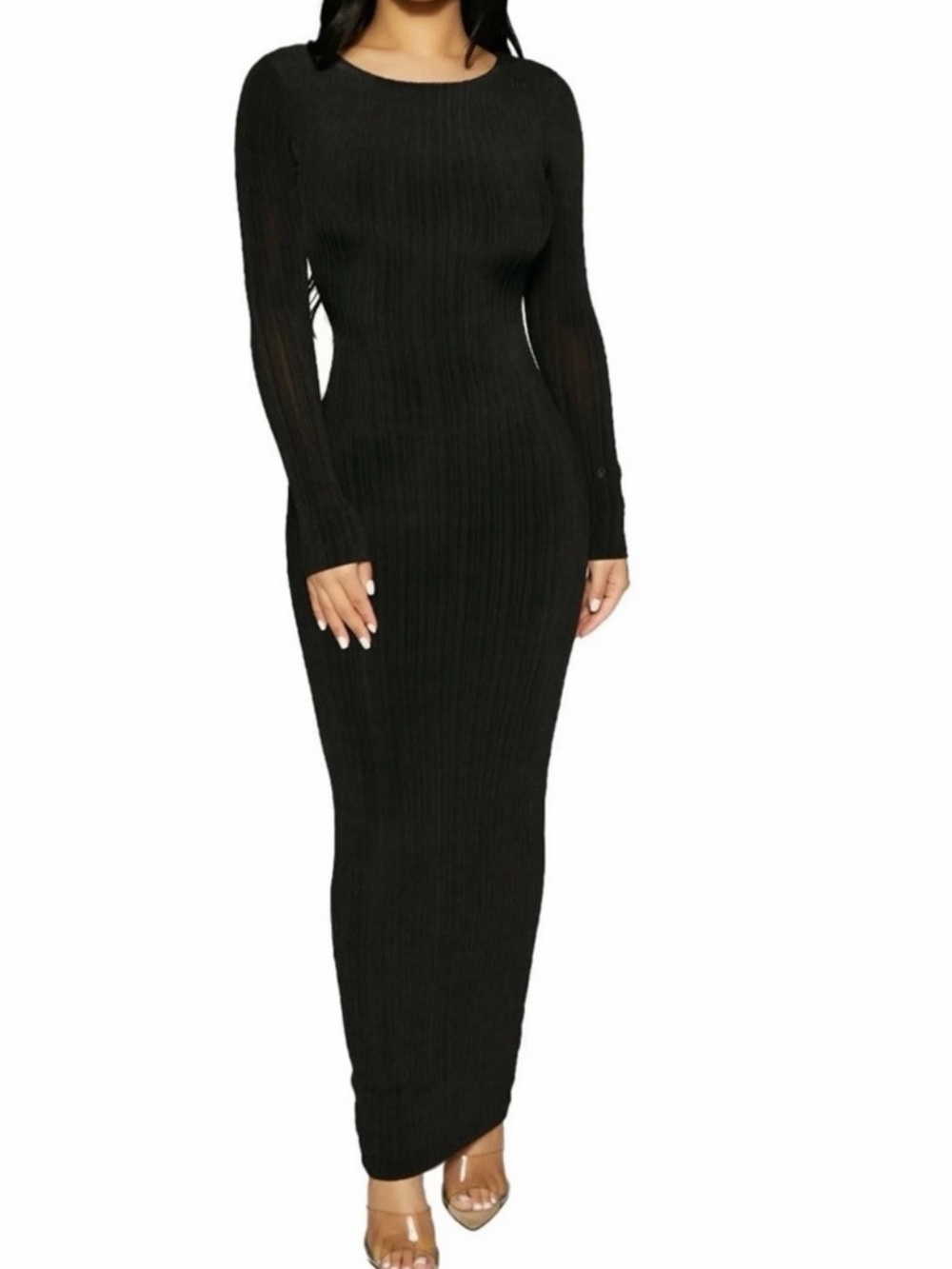 Naked wardrobe Black Ribbed Long-Sleeve Maxi Dress